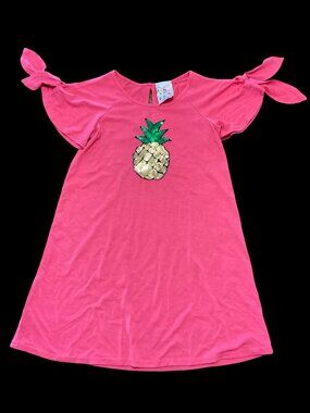 Pink Flutter Sleeve Dress w/ Sequin Pineapple & Keyhole Back Detail